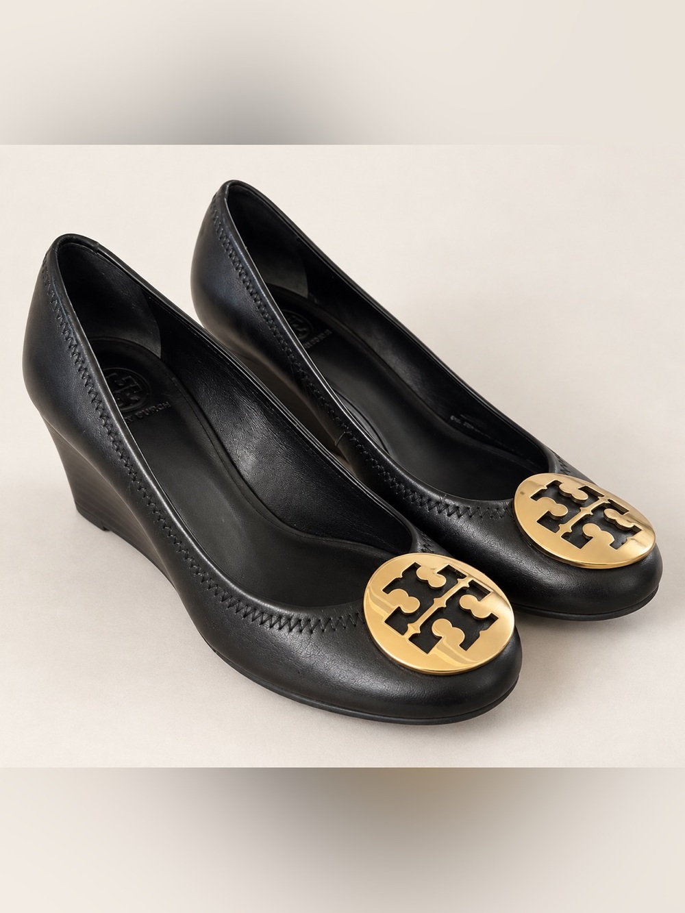 Tory Burch Sally Black Leather Gold Logo Wedge Pumps